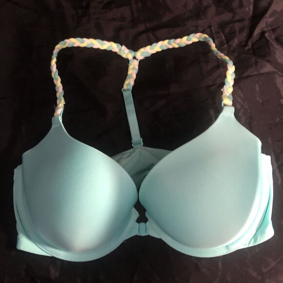 Victoria Secret Razorback Demi Bra 32D Aqua Front Close Braided Strap Underwire - Picture 1 of 6